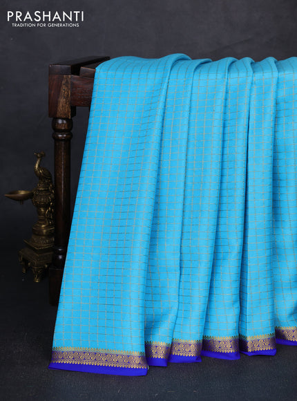 Pure mysore silk saree teal blue and royal blue with allover zari checked pattern and small zari woven border