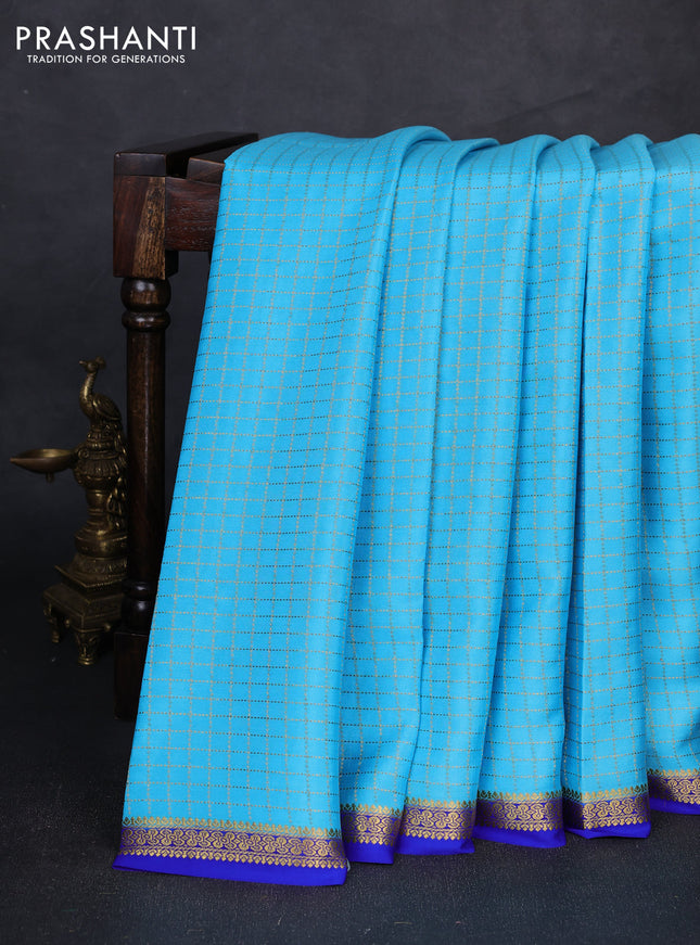 Pure mysore silk saree teal blue and royal blue with allover zari checked pattern and small zari woven border