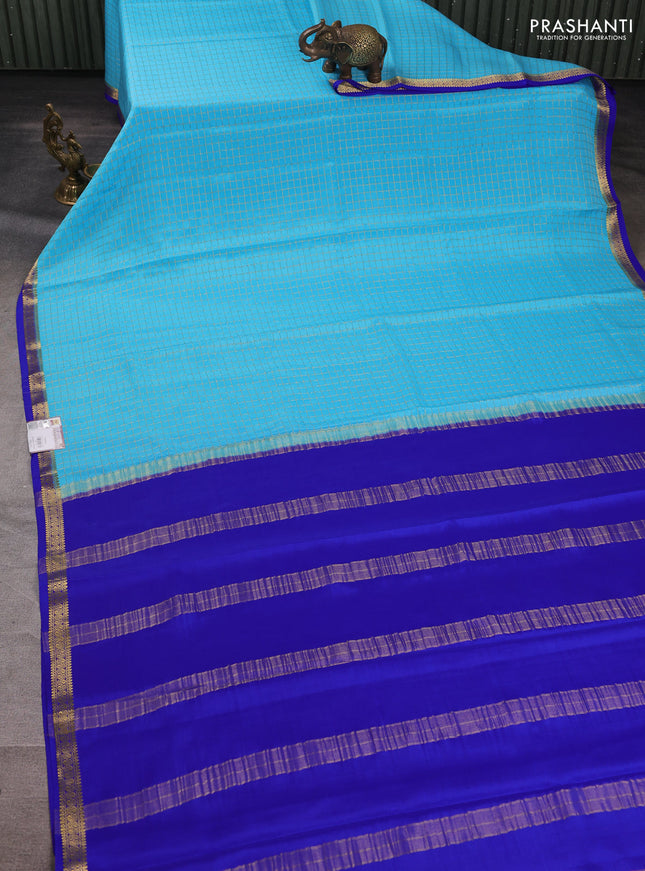 Pure mysore silk saree teal blue and royal blue with allover zari checked pattern and small zari woven border