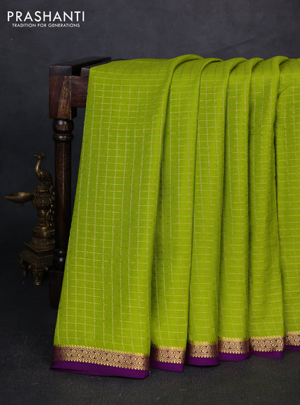 Pure mysore silk saree lime green and purple with allover zari checked pattern and small zari woven border