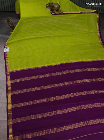 Pure mysore silk saree lime green and purple with allover zari checked pattern and small zari woven border