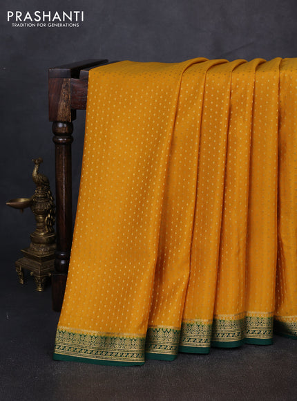 Pure mysore silk saree mustard yellow and green with allover zari woven buttas and zari woven border