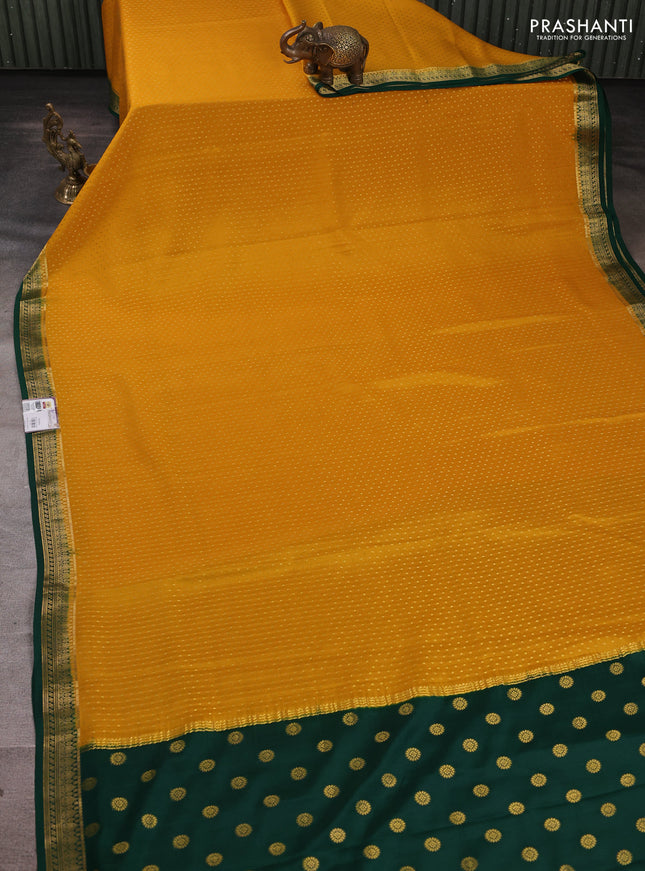Pure mysore silk saree mustard yellow and green with allover zari woven buttas and zari woven border
