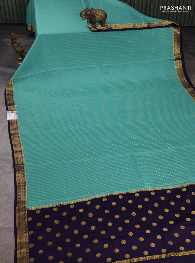 Pure mysore silk saree pastel green and deep violet with allover zari woven buttas and zari woven border