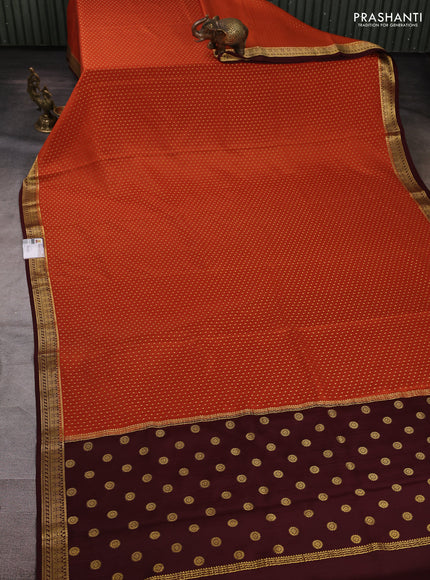 Pure mysore silk saree rust shade and coffee brown with allover zari woven buttas and zari woven border