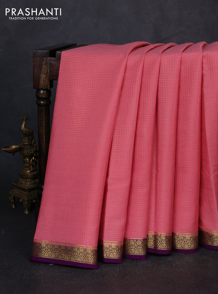 Pure mysore silk saree peach pink and purple with allover small zari checked pattern and small zari woven border