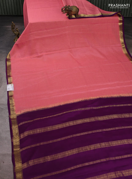 Pure mysore silk saree peach pink and purple with allover small zari checked pattern and small zari woven border