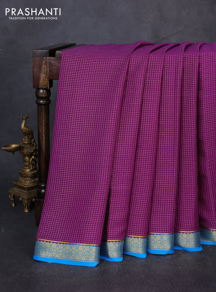 Pure mysore silk saree purple and cs blue with allover small zari checked pattern and small zari woven border