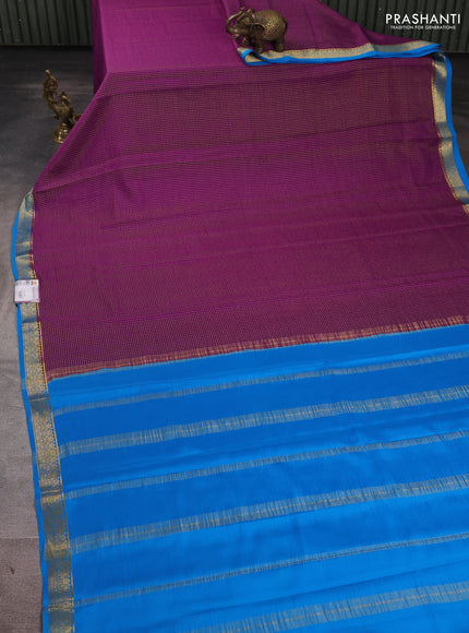 Pure mysore silk saree purple and cs blue with allover small zari checked pattern and small zari woven border