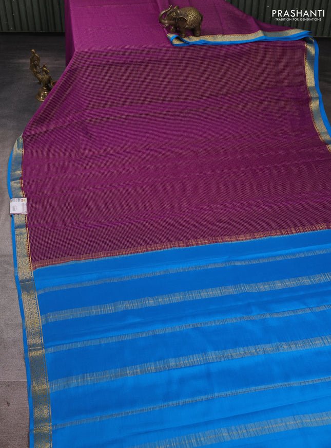 Pure mysore silk saree purple and cs blue with allover small zari checked pattern and small zari woven border