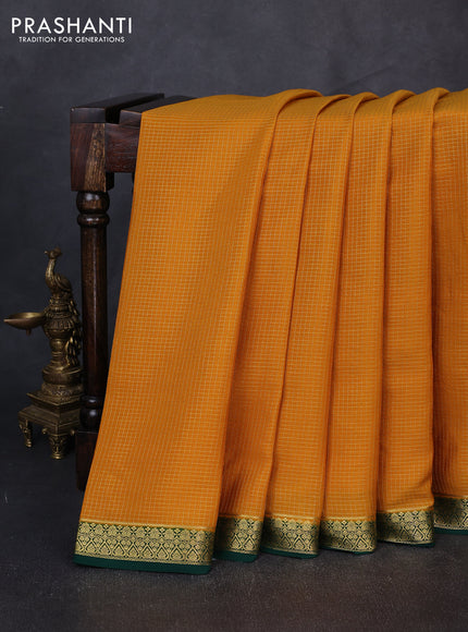 Pure mysore silk saree mustard yellow and bottle green with allover small zari checked pattern and small zari woven border