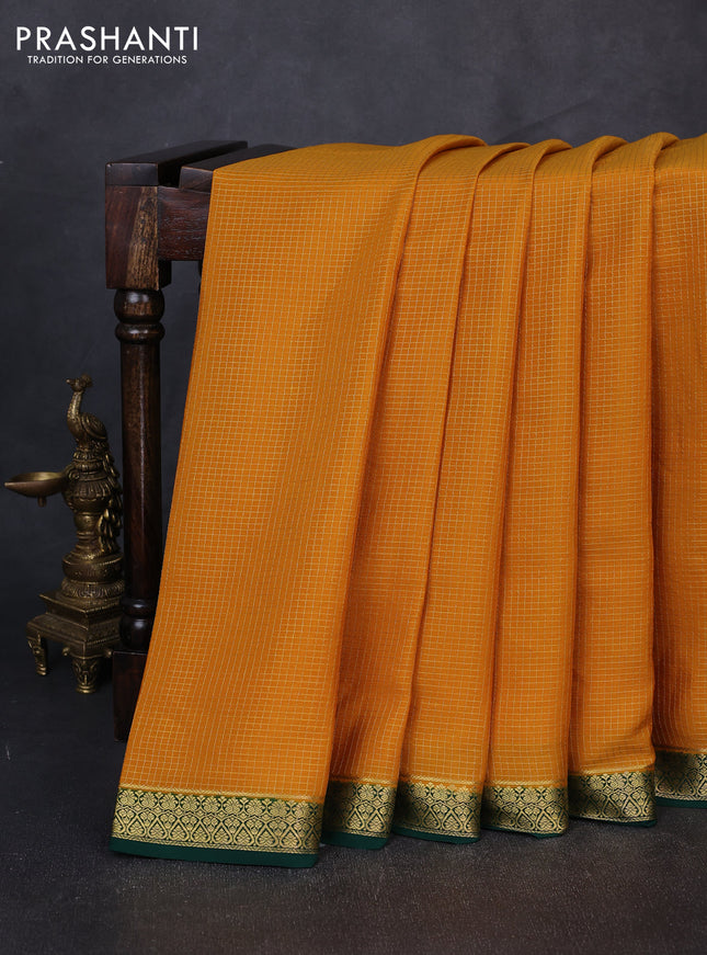 Pure mysore silk saree mustard yellow and bottle green with allover small zari checked pattern and small zari woven border