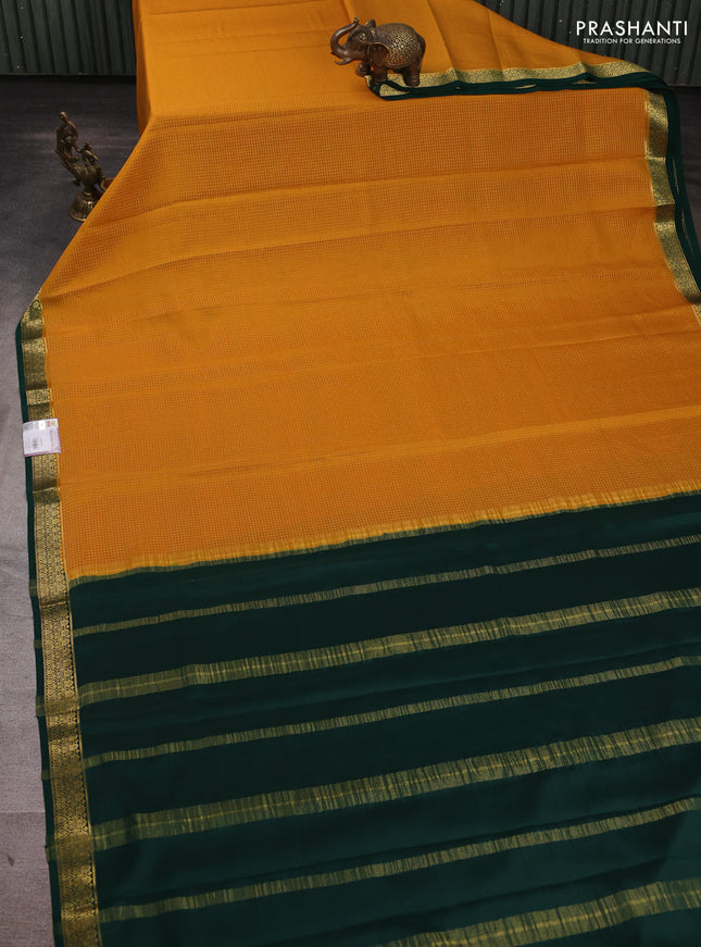 Pure mysore silk saree mustard yellow and bottle green with allover small zari checked pattern and small zari woven border