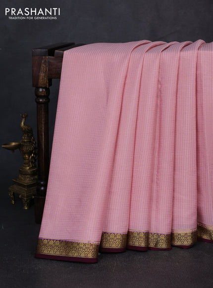 Pure mysore silk saree peach pink and deep wine shade with allover small zari checked pattern and small zari woven border