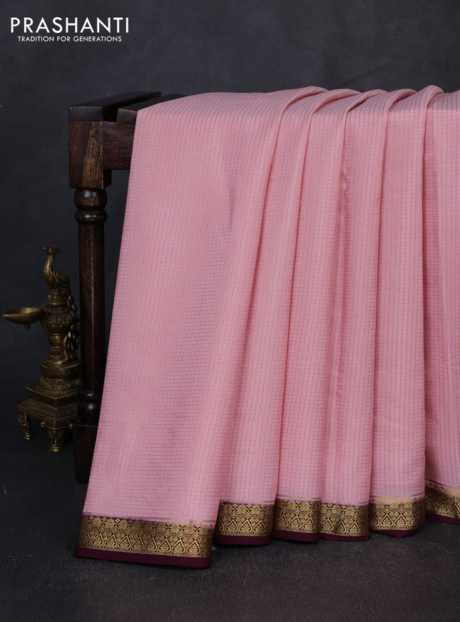 Pure mysore silk saree peach pink and deep wine shade with allover small zari checked pattern and small zari woven border