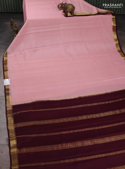 Pure mysore silk saree peach pink and deep wine shade with allover small zari checked pattern and small zari woven border