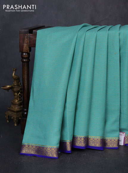 Pure mysore silk saree pastel green and royal blue with allover small zari checked pattern and small zari woven border