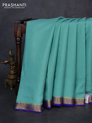 Pure mysore silk saree pastel green and royal blue with allover small zari checked pattern and small zari woven border