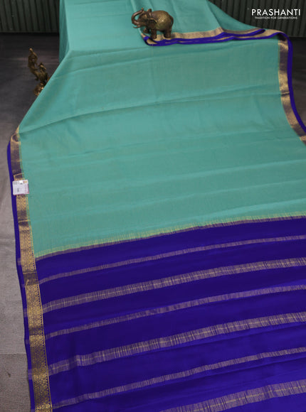 Pure mysore silk saree pastel green and royal blue with allover small zari checked pattern and small zari woven border