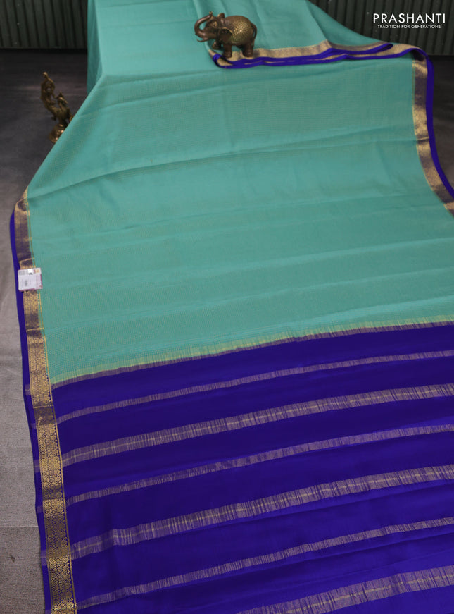 Pure mysore silk saree pastel green and royal blue with allover small zari checked pattern and small zari woven border