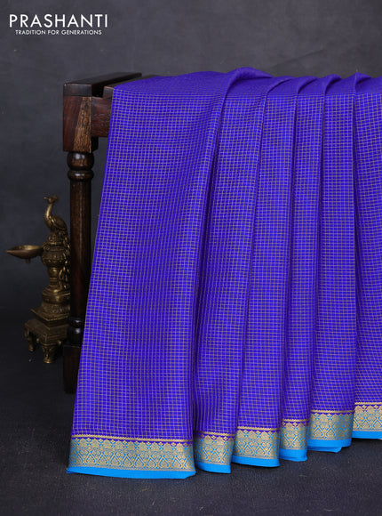 Pure mysore silk saree royal blue and cs blue with allover small zari checked pattern and small zari woven border