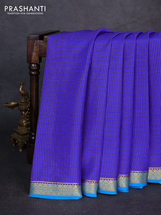 Pure mysore silk saree royal blue and cs blue with allover small zari checked pattern and small zari woven border