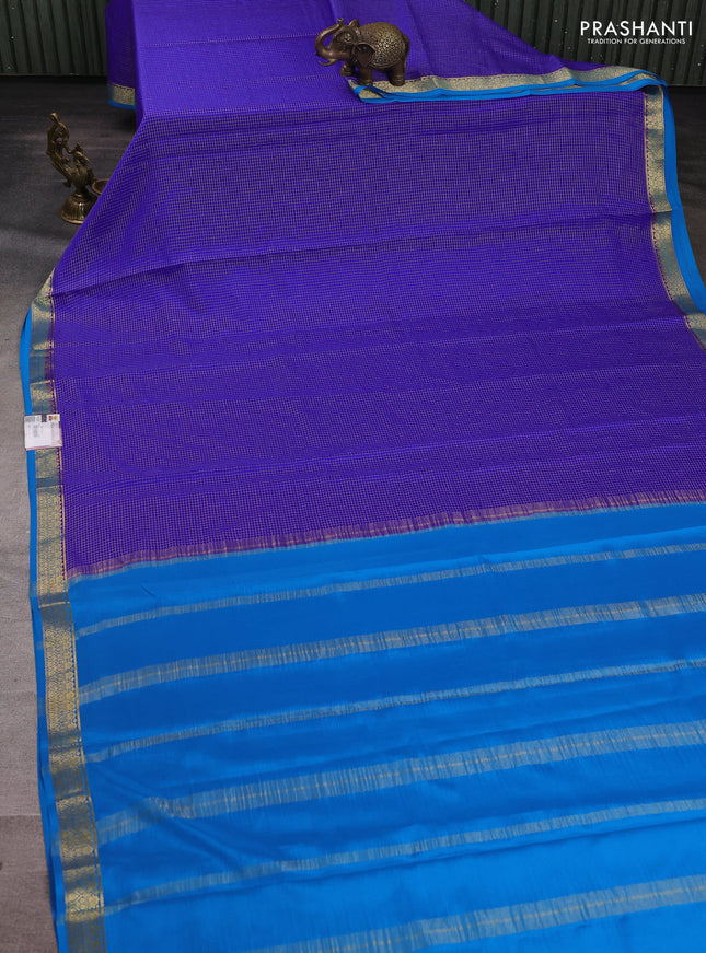 Pure mysore silk saree royal blue and cs blue with allover small zari checked pattern and small zari woven border