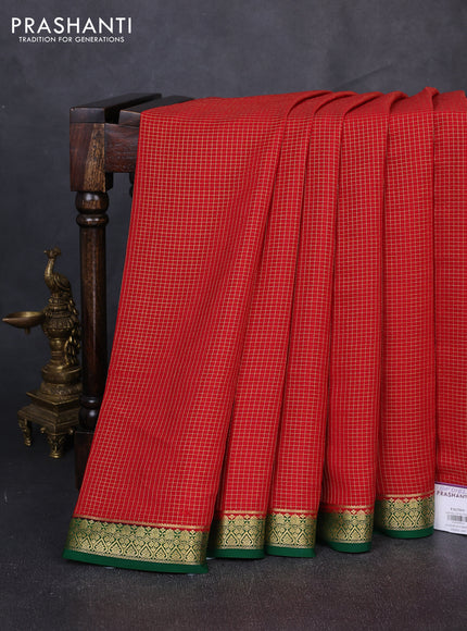 Pure mysore silk saree red and green with allover zari checked pattern and zari woven border