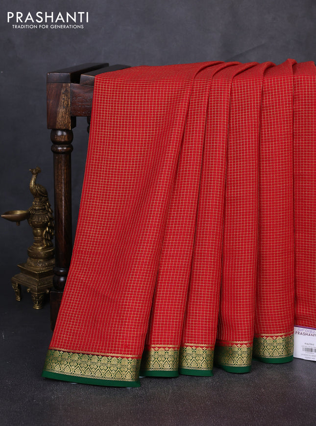 Pure mysore silk saree red and green with allover zari checked pattern and zari woven border