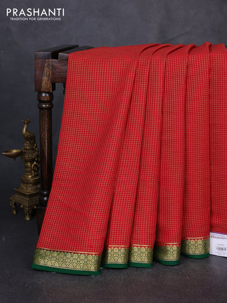 Pure mysore silk saree red and green with allover zari checked pattern and zari woven border