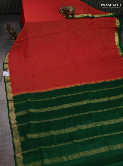 Pure mysore silk saree red and green with allover zari checked pattern and zari woven border