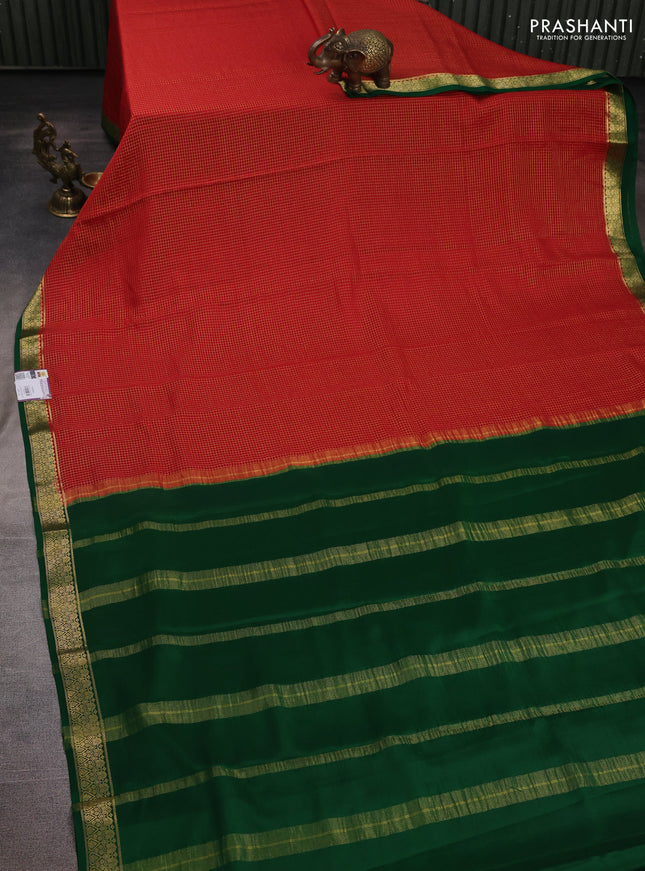 Pure mysore silk saree red and green with allover zari checked pattern and zari woven border