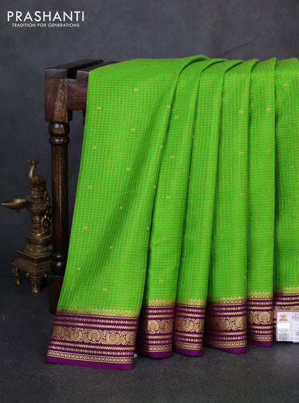 Pure mysore silk saree lime green and violet with allover zari checks & buttas and zari woven border