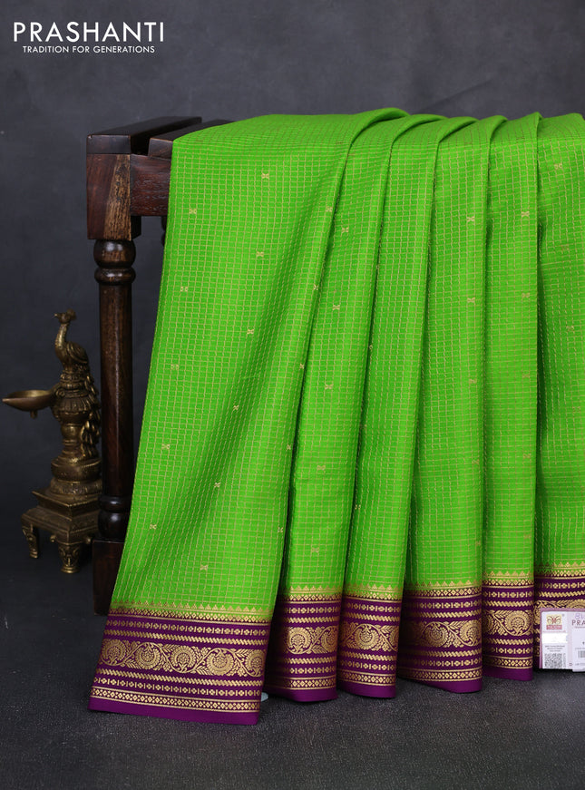 Pure mysore silk saree lime green and violet with allover zari checks & buttas and zari woven border