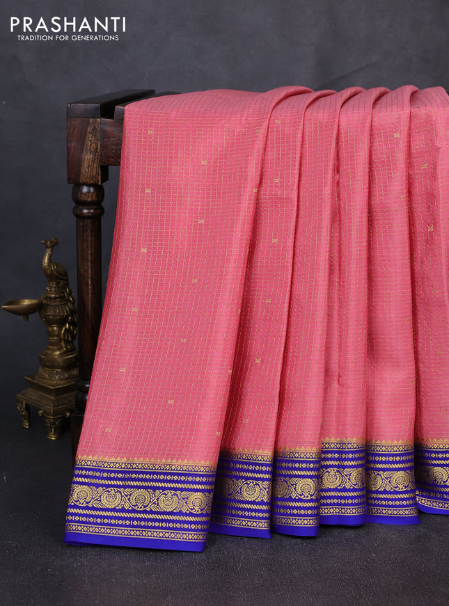 Pure mysore silk saree peach pink and royal blue with allover small zari checks & buttas and zari woven border