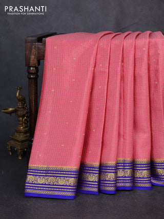 Pure mysore silk saree peach pink and royal blue with allover small zari checks & buttas and zari woven border