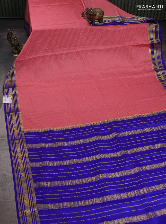 Pure mysore silk saree peach pink and royal blue with allover small zari checks & buttas and zari woven border