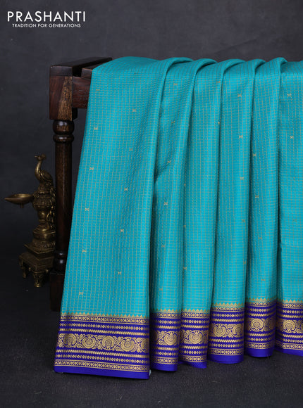 Pure mysore silk saree teal green and blue with allover small zari checks & buttas and zari woven border