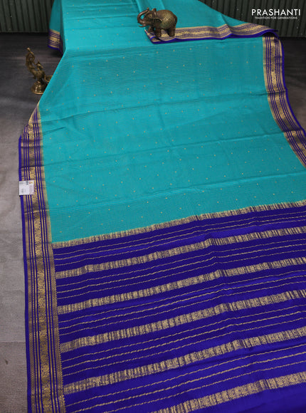 Pure mysore silk saree teal green and blue with allover small zari checks & buttas and zari woven border
