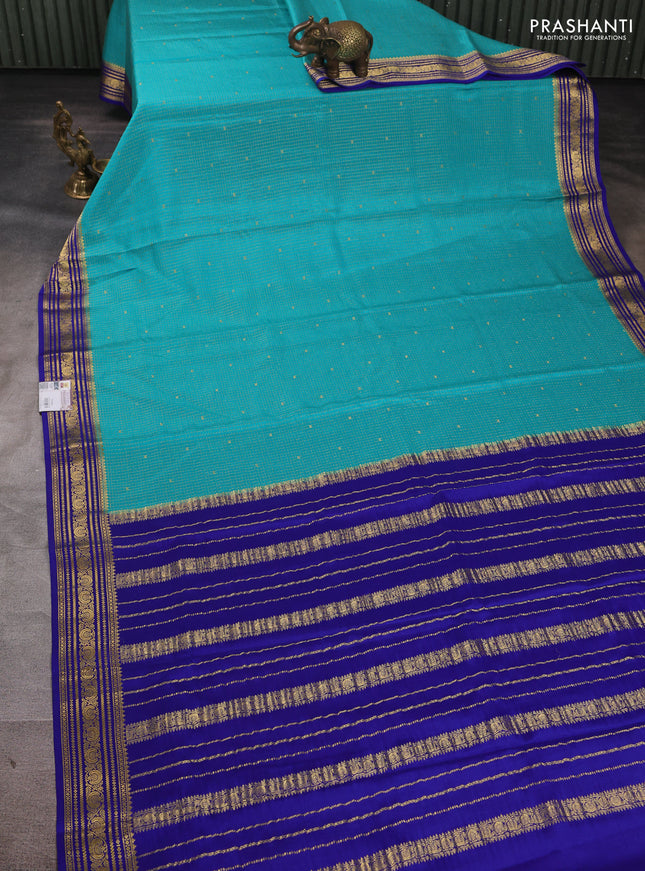 Pure mysore silk saree teal green and blue with allover small zari checks & buttas and zari woven border