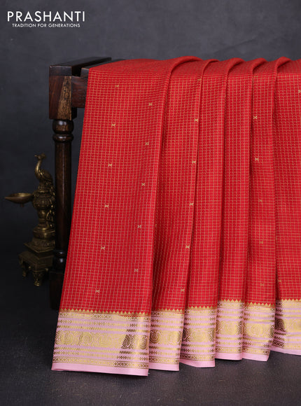 Pure mysore silk saree red and pastel pink with allover small zari checks & buttas and zari woven border