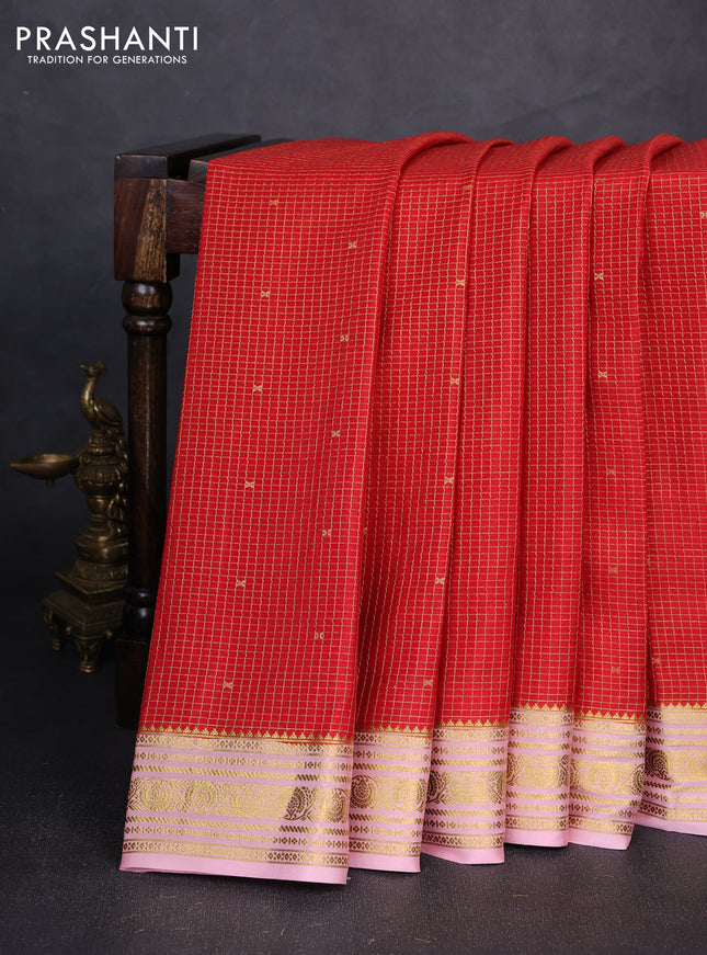 Pure mysore silk saree red and pastel pink with allover small zari checks & buttas and zari woven border