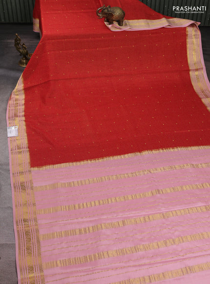 Pure mysore silk saree red and pastel pink with allover small zari checks & buttas and zari woven border