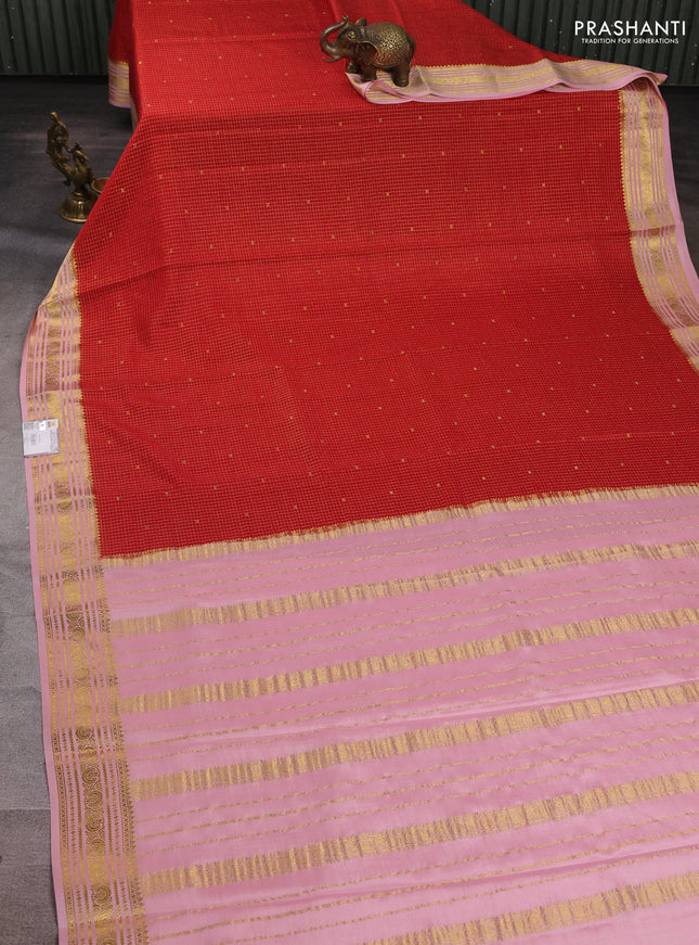 Pure mysore silk saree red and pastel pink with allover small zari checks & buttas and zari woven border