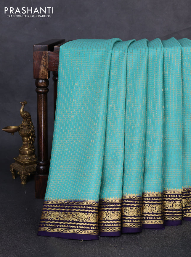 Pure mysore silk saree pastel green and navy blue with allover small zari checks & buttas and zari woven border