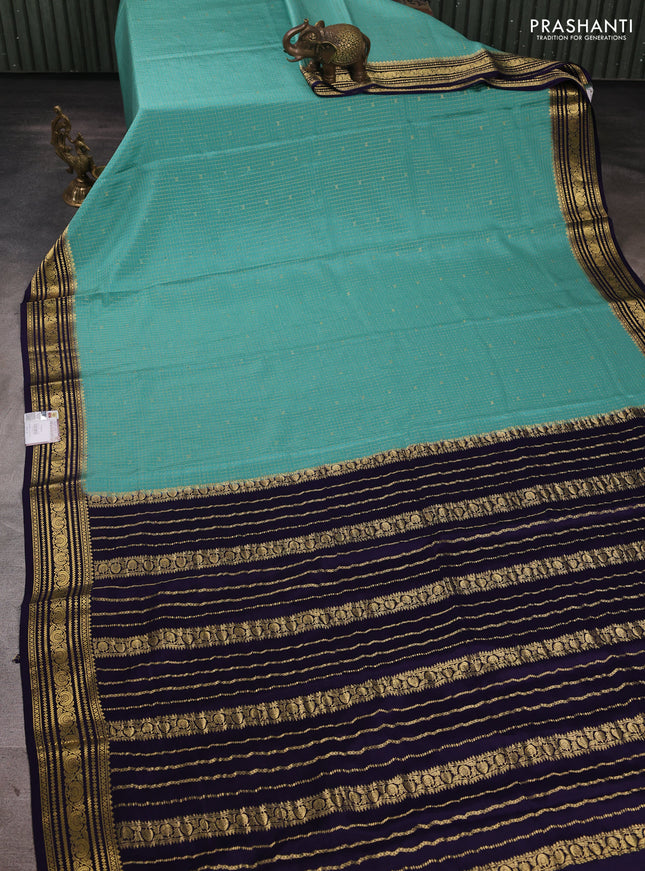 Pure mysore silk saree pastel green and navy blue with allover small zari checks & buttas and zari woven border