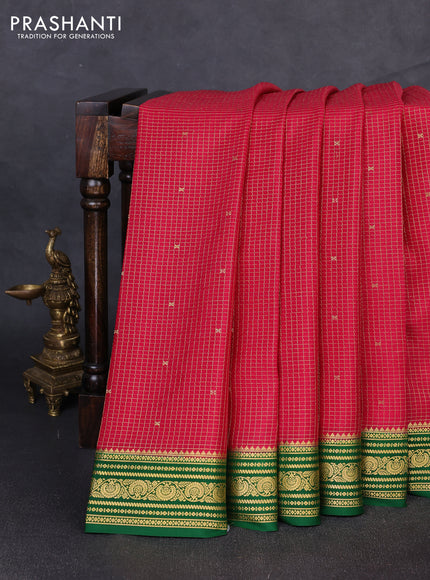 Pure mysore silk saree tomato pink and green with allover small zari checks & buttas and zari woven border