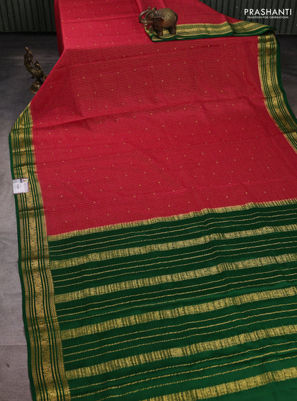 Pure mysore silk saree tomato pink and green with allover small zari checks & buttas and zari woven border