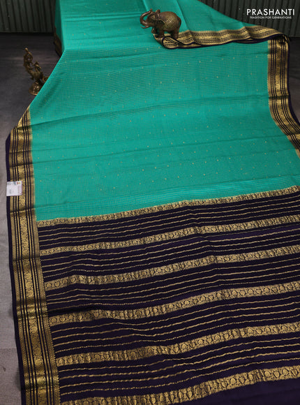Pure mysore silk saree teal green and navy blue with allover small zari checks & buttas and zari woven border