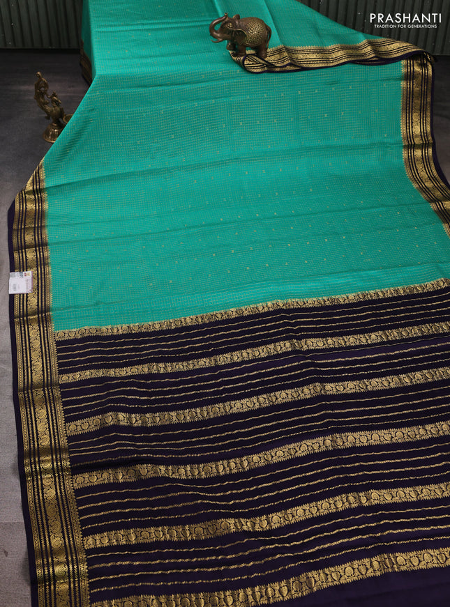 Pure mysore silk saree teal green and navy blue with allover small zari checks & buttas and zari woven border
